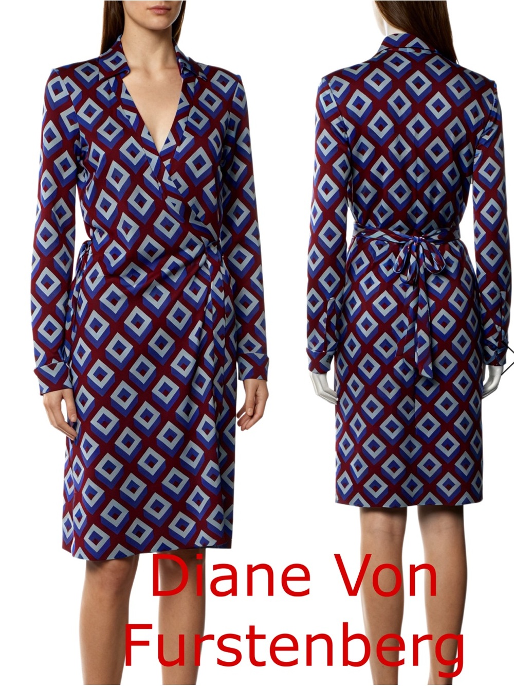 Diane Von Furstenberg Geometric Wrap Silk Dress in Blue and Burgundy